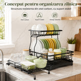 Scurgator de Vase Extensibil Elindor®, Suport Farfurii Chiuveta, Uscator Vesela, Tacamuri, Capace, Oale, Tigai, Pahare, Tocator, Tava din Plastic cu Scurgere Automata, Organizator Bucatarie Multifunctional, Otel Carbon, 54 x 42 x 37.5 cm, Negru