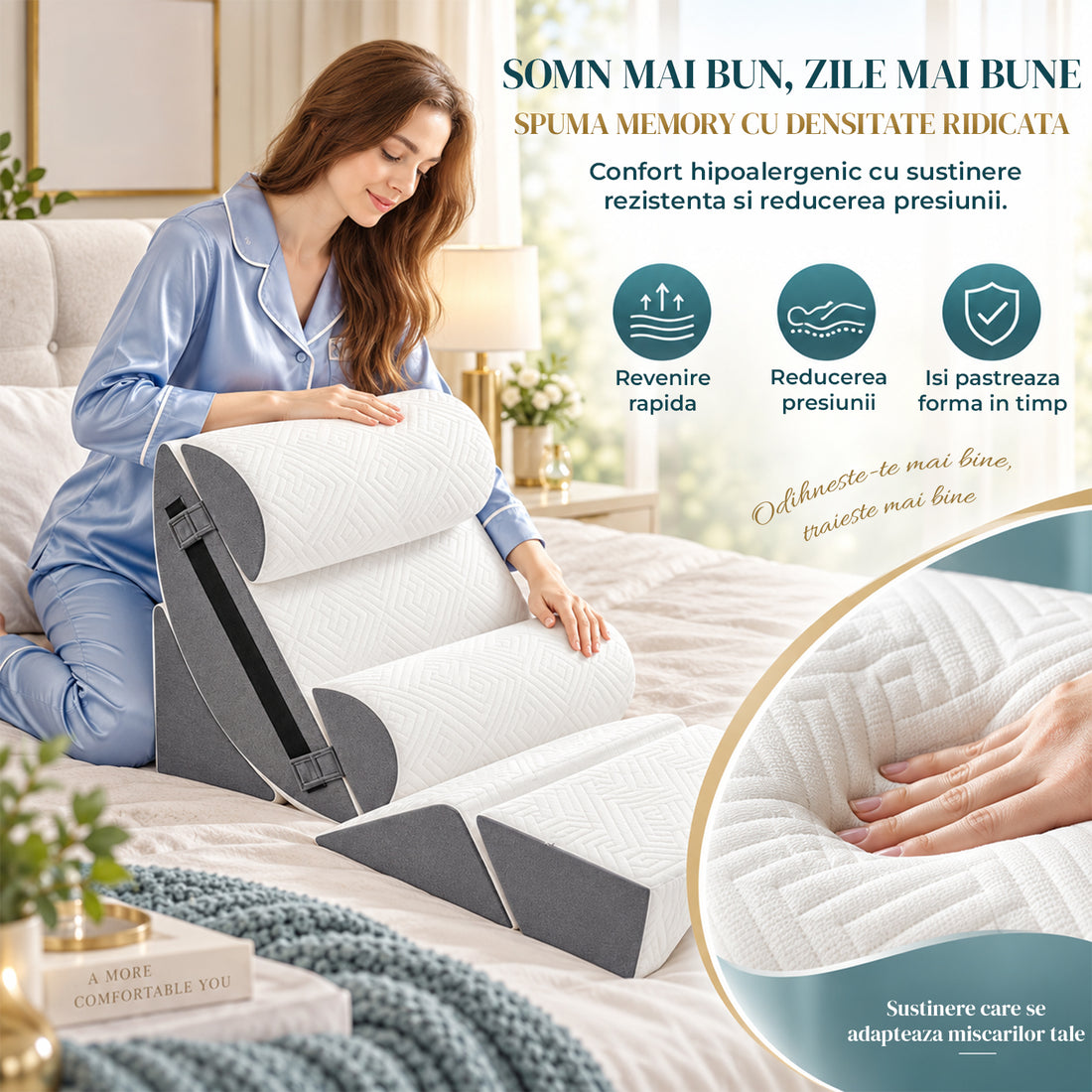 Set 6 Perne Ortopedice Elindor® Wedge pentru Pat, Perna Spuma cu Memorie, Hipoalergenica, Suport Spate, Picioare, Genunchi, Post-Operator, Anti-Reflux, Antisforait, Antirid, Pliabile, Huse Bumbac Aspect Catifea, Reglabile 60 cm, Alb/Gri