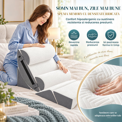 Set 6 Perne Ortopedice Elindor® Wedge pentru Pat, Perna Spuma cu Memorie, Hipoalergenica, Suport Spate, Picioare, Genunchi, Post-Operator, Anti-Reflux, Antisforait, Antirid, Pliabile, Huse Bumbac Aspect Catifea, Reglabile 60 cm, Alb/Gri