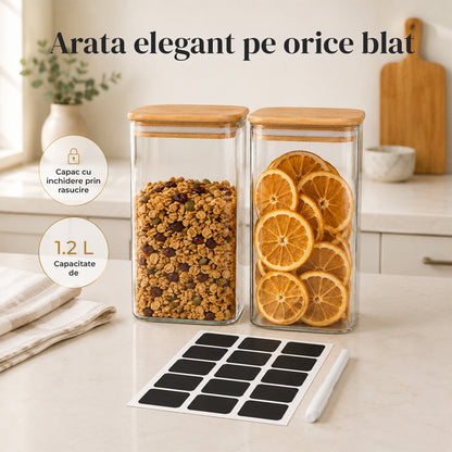 Set 2 Borcane din Sticla Elindor® cu Capac Ermetic din Bambus, Borcan 1200 ml, Marker si Etichete Incluse, Ideal pentru Condimente, Fructe Uscate, Cafea, Zahar, Recipient Depozitare in Bucatarie, 15 × 10 cm, Transparent