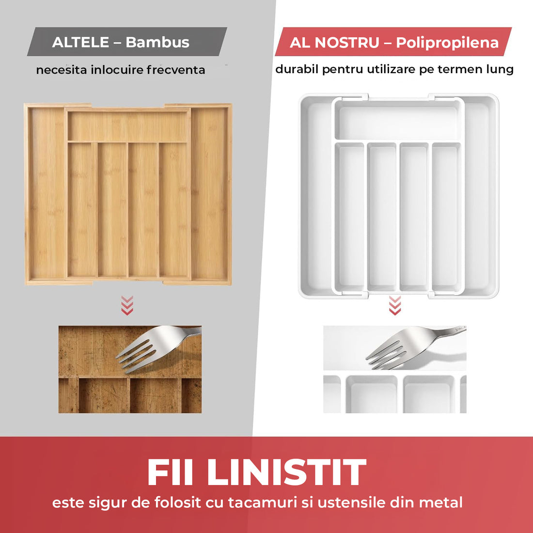 Organizator Elindor® pentru Tacamuri si Ustensile de Bucatarie, 5-7 Compartimente, Sertar Extensibil, Suport Ajustabil pentru Cutite, Linguri, Furculite, Accesorii Bucatarie, Separator Sertar, 32 × 22 × 4 cm, Alb