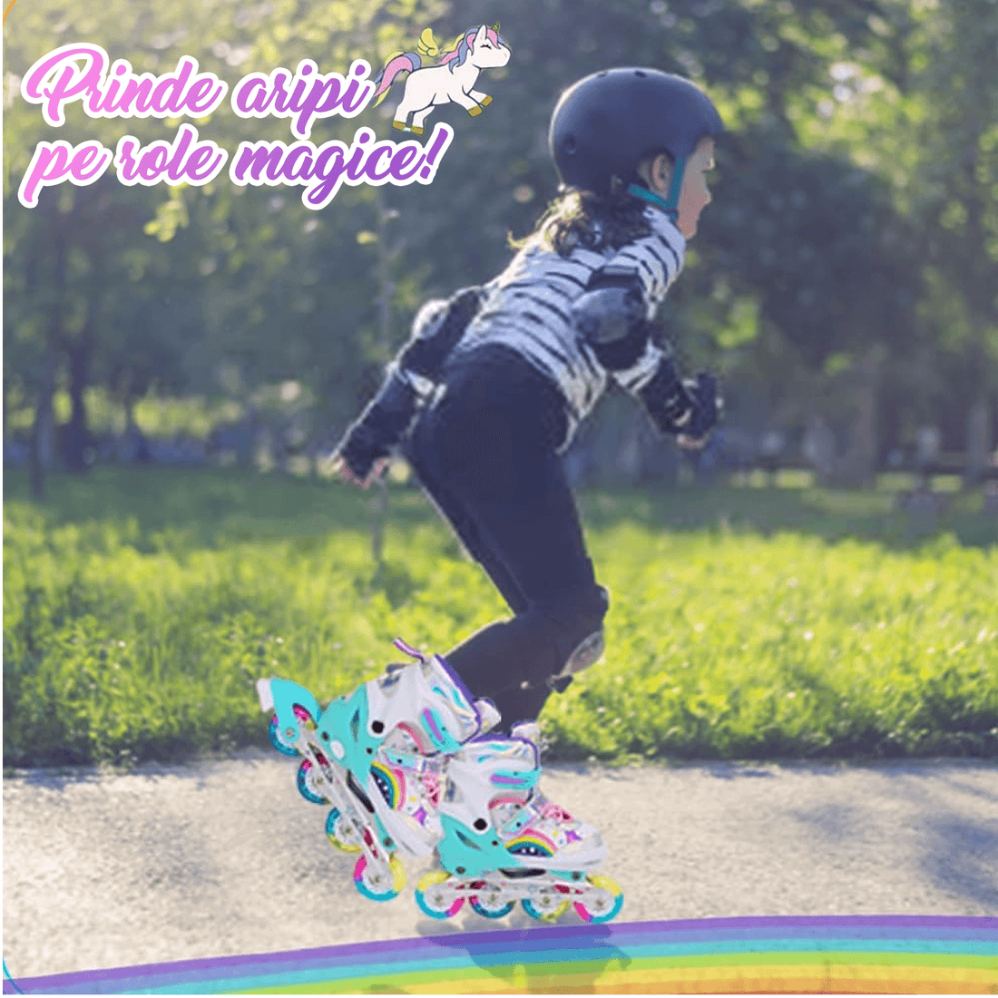 Role Reglabile pentru Copii și Adulți, 4 Roți Luminoase, Curcubeu, Mărimea 32-35 M