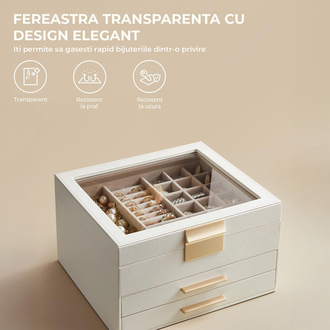 Cutie de Bijuterii Elindor® Organizator pe 3 Niveluri, Sertar x2, Spatiu de Depozitare pentru Inel, Verighete, Lantisoare, Bratari, Cercei, Caseta din Material Catifelat, Design Rafinat, Simplu si Elegant, Piele Ecologica si Catifea, 20 x 23 x 13.5 cm, Al