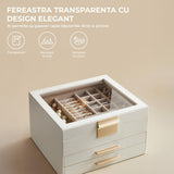 Cutie de Bijuterii Elindor® Organizator pe 3 Niveluri, Sertar x2, Spatiu de Depozitare pentru Inel, Verighete, Lantisoare, Bratari, Cercei, Caseta din Material Catifelat, Design Rafinat, Simplu si Elegant, Piele Ecologica si Catifea, 20 x 23 x 13.5 cm, Al
