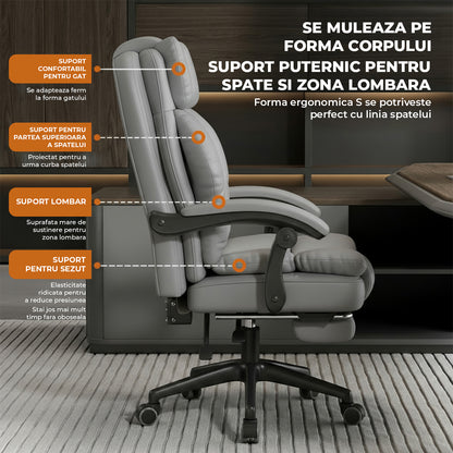 Scaun de Birou Elindor® Ergonomic, Design Contemporan, Scaun cu Spatar si Manere, din Piele PU cu Suport pentru Picioare si Roti, Latime Sezut 58 cm, Inaltime intre 110-118 cm, Gri
