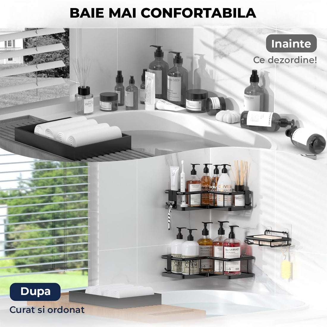 Set 3 Rafturi de Dus Elindor® Polita cu Adeziv, Etajera de Baie pentru Colt, Raft cu Carlige, Suport Prosop si Sapun, din Inox, Organizator Baie sau Etajere Depozitare in Bucatarie, Accesorii, 23 x 8.3 x 23 cm, Negru