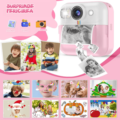 Camera Foto Instant Pentru Copii Elindor®, Ecran 2.4 Inch, 1080P, 16X Zoom, Printare Fara Cerneala, 3 Role Hartie Incluse, 32GB SD, Roz