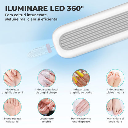Kit Freza de Unghii fara Fir Elindor®, 6 Capete, 15000 RPM, Lumina LED 360, Portabila, Alb
