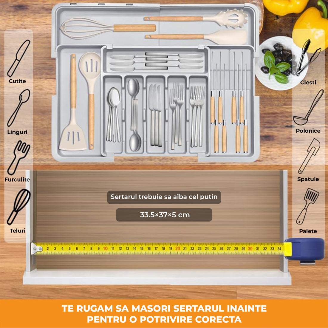 Organizator Extensibil Elindor® pentru Tacamuri si Ustensile de Bucatarie, 9 Compartimente, Sertar Extensibil 36.8-48.3 cm si 33.5 – 55.9 cm, Suport Ajustabil pentru Cutite, Linguri, Furculite, Gri