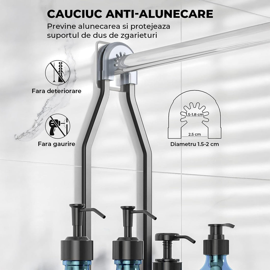 Suport Săpun și Etajere Duș Elindor®, Lipire Adeziv, 10 Cărlinge, Capacitate 20kg, Negru