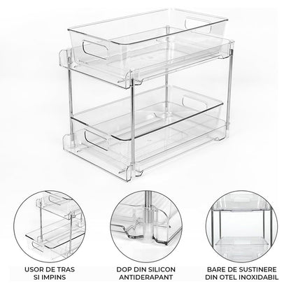 Organizator Transparente Elindor® cu 2 Nivele, Recipient de Depozitare Multifunctional si Glisant, Organizator pentru Dulapul de sub Chiuveta din Baie si Bucatarie, 30 × 19 × 25.5 cm, Acrilic