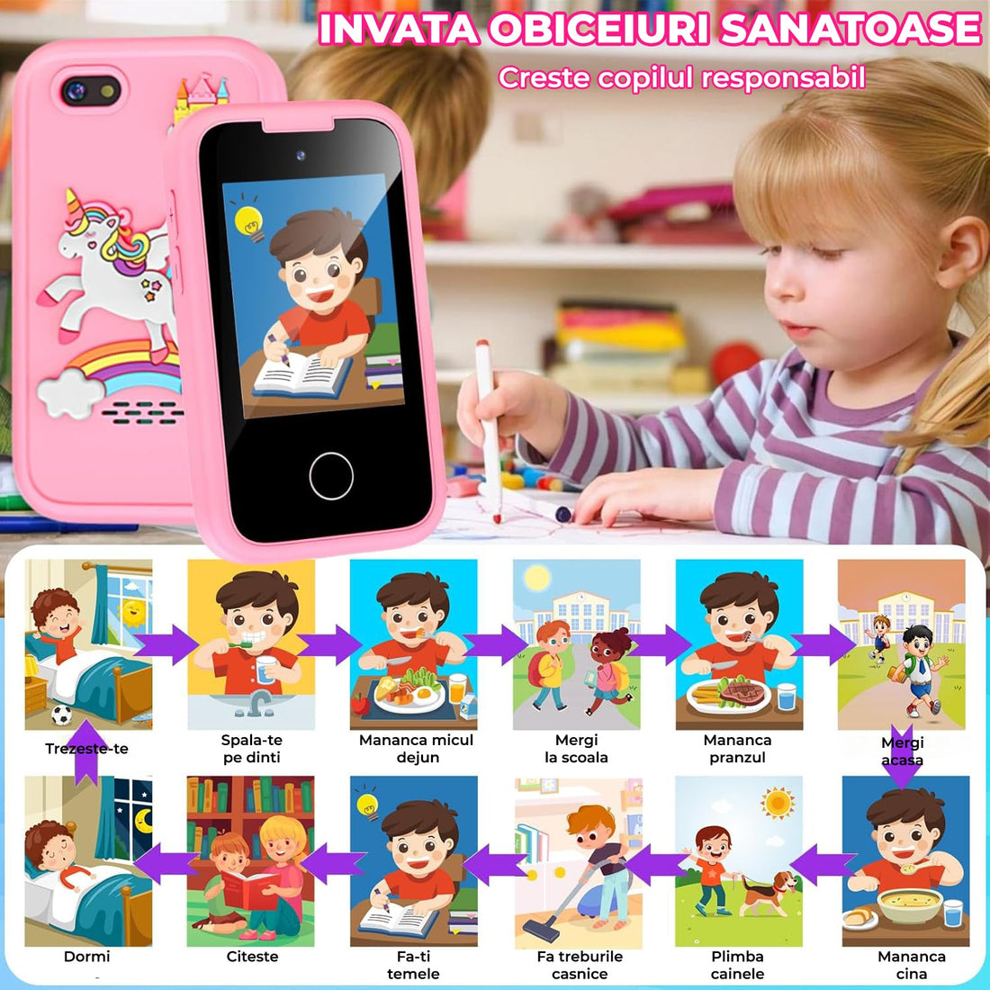 Telefon de Jucărie Elindor® pentru Copii - Roz, cu Funcții Educative