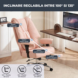 Scaun de Birou Elindor® Ergonomic, Design Contemporan, Scaun cu Spatar si Manere, din Piele PU cu Suport pentru Picioare si Roti, Latime Sezut 58 cm, Inaltime intre 48-56 cm, Roz