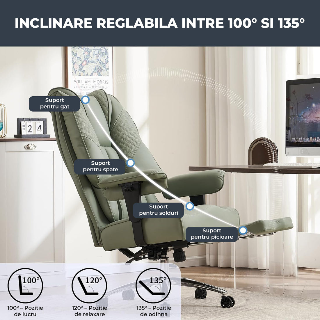 Scaun de Birou Elindor® Ergonomic, Design Contemporan, Scaun cu Spatar si Manere, din Piele PU cu Suport pentru Picioare si Roti, Latime Sezut 58 cm, Inaltime intre 48-56 cm, Verde