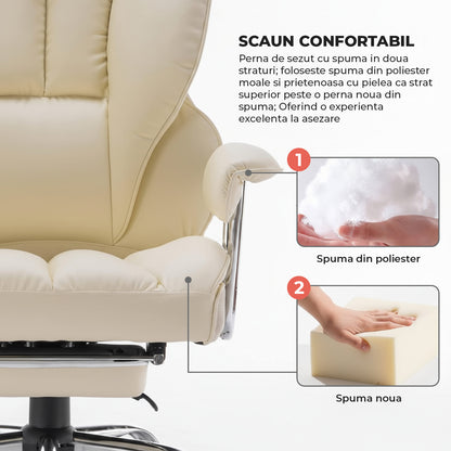 Scaun de Birou Elindor® Ergonomic, Design Contemporan, Scaun cu Spatar si Manere, din Piele PU cu Suport pentru Picioare si Lombar, cu Roti, 52 x 60 x 127 cm, Bej
