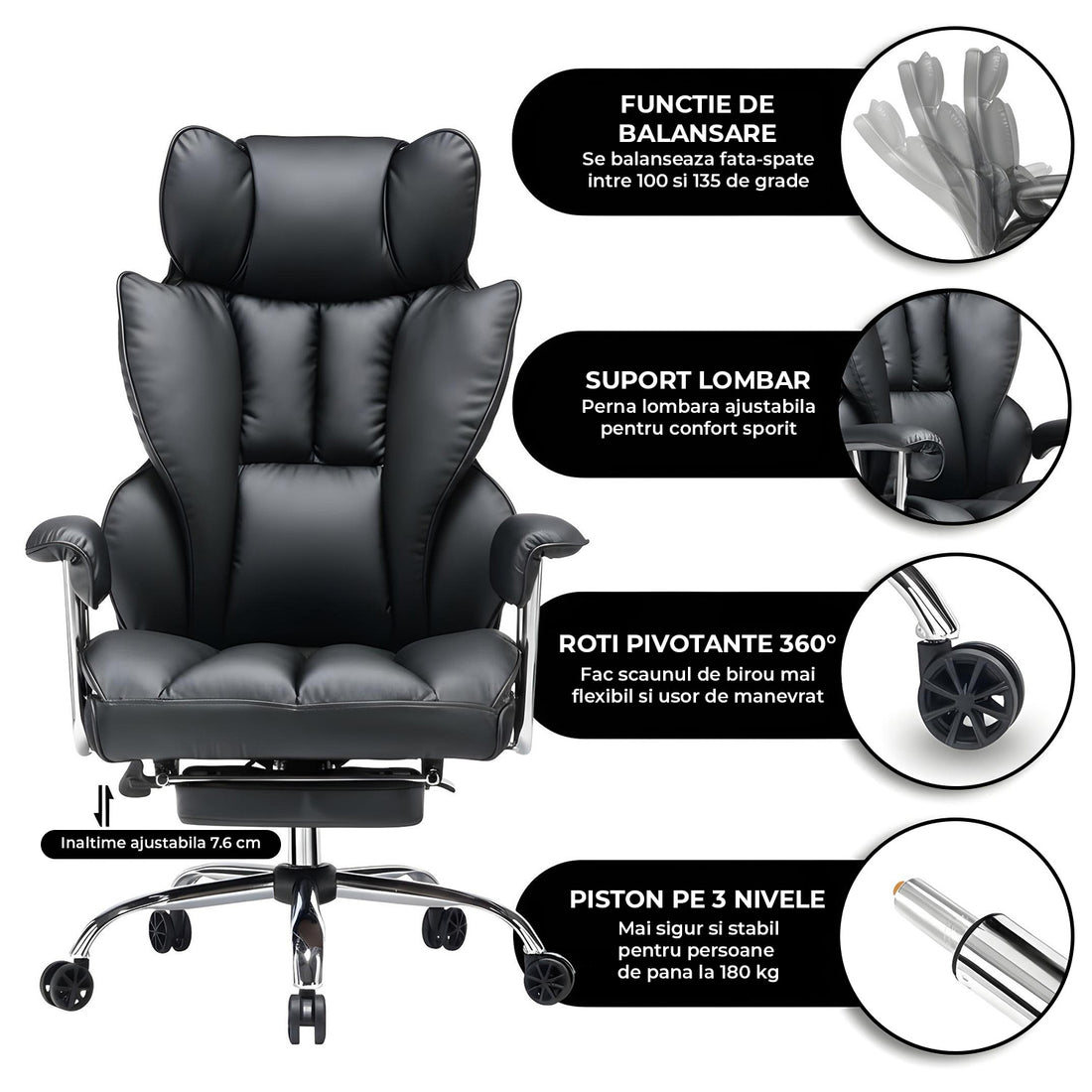 Scaun de Birou Elindor® Ergonomic, Design Contemporan, Scaun cu Spatar si Manere, din Piele PU cu Suport pentru Picioare si Lombar, cu Roti, 52 x 60 x 127 cm, Negru