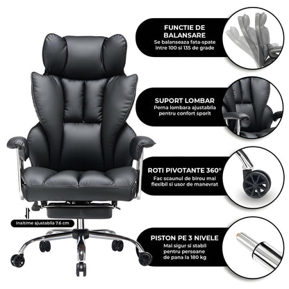 Scaun de Birou Elindor® Ergonomic, Design Contemporan, Scaun cu Spatar si Manere, din Piele PU cu Suport pentru Picioare si Lombar, cu Roti, 52 x 60 x 127 cm, Negru