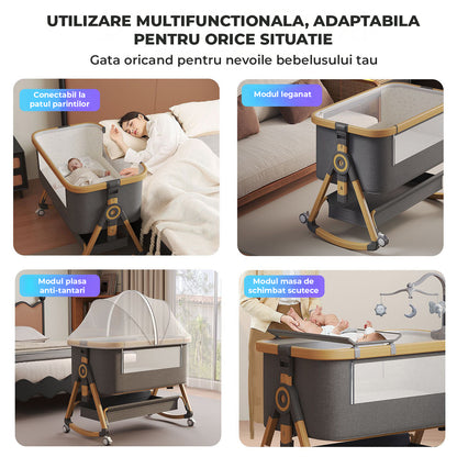Patut Pliabil Bebelusi Elindo® 3 in 1, Copii 0-12 luni, Leagan Bebe pe 2 Etaje, Cos Depozitare, 6 Trepte de Inaltime Reglabila, Portabil, Plasa Laterala, Roti cu Sistem Blocare, Saltea Integrata, Greutate Maxima 15 kg, Gri