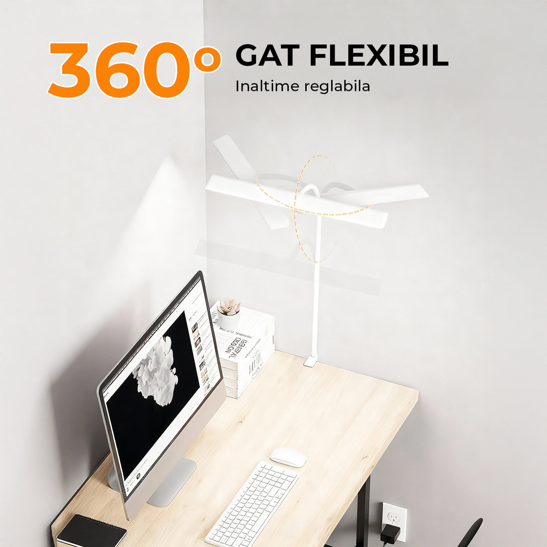 Lampa de Birou Elindor® Ultra-Wide, Alba cu LED, Nivel de Luminozitate Reglabil de la 2700K pana la 6500K, Veioza cu Clema Metalica si Brat Reglabil, Protectie pentru Ochi, Inaltime Totala 66 cm, Latime 40 cm