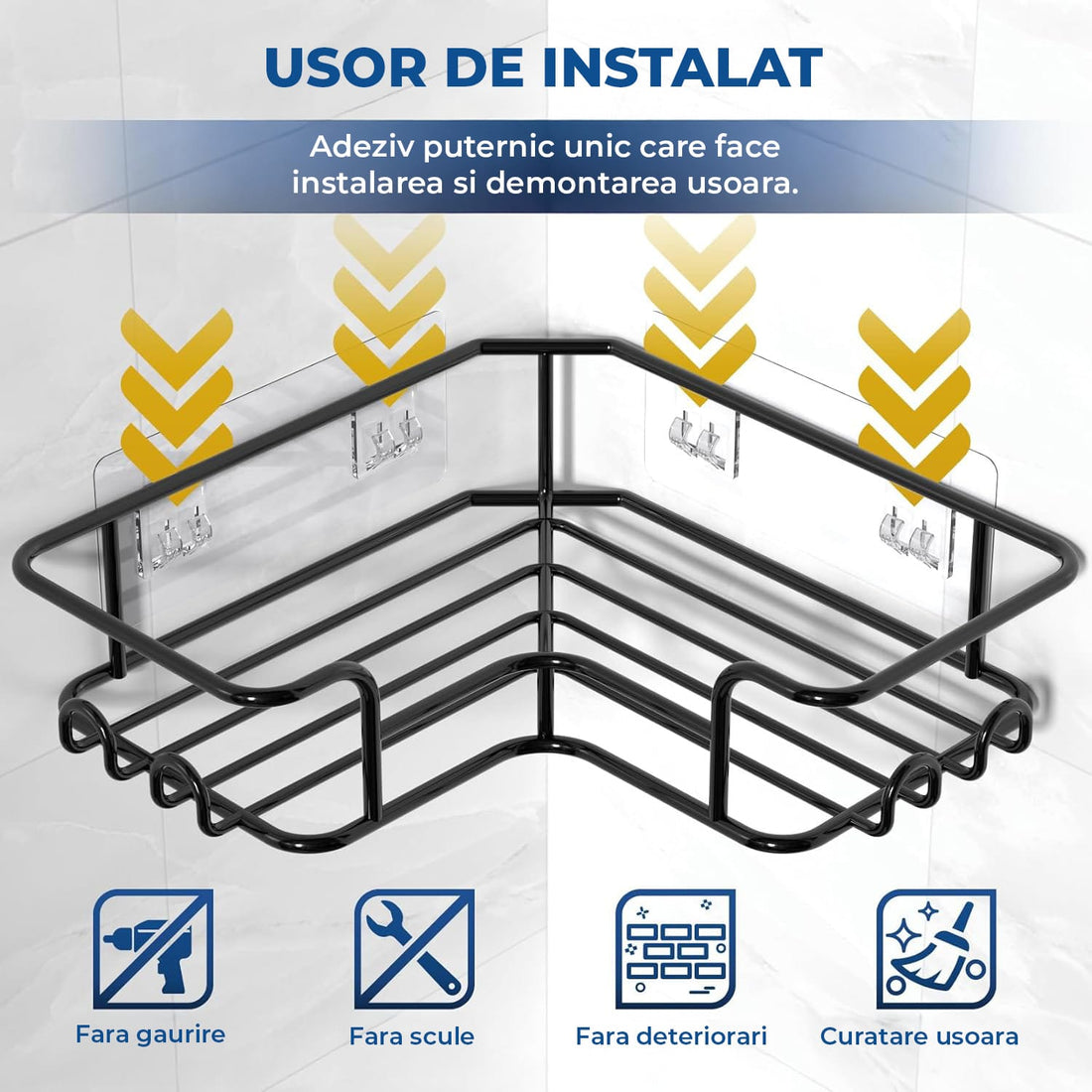 Set 3 Rafturi Elindor® Organizator pentru Dus, Sustine 18 kg, Potrivit in Baie, Bucatarie, Negru