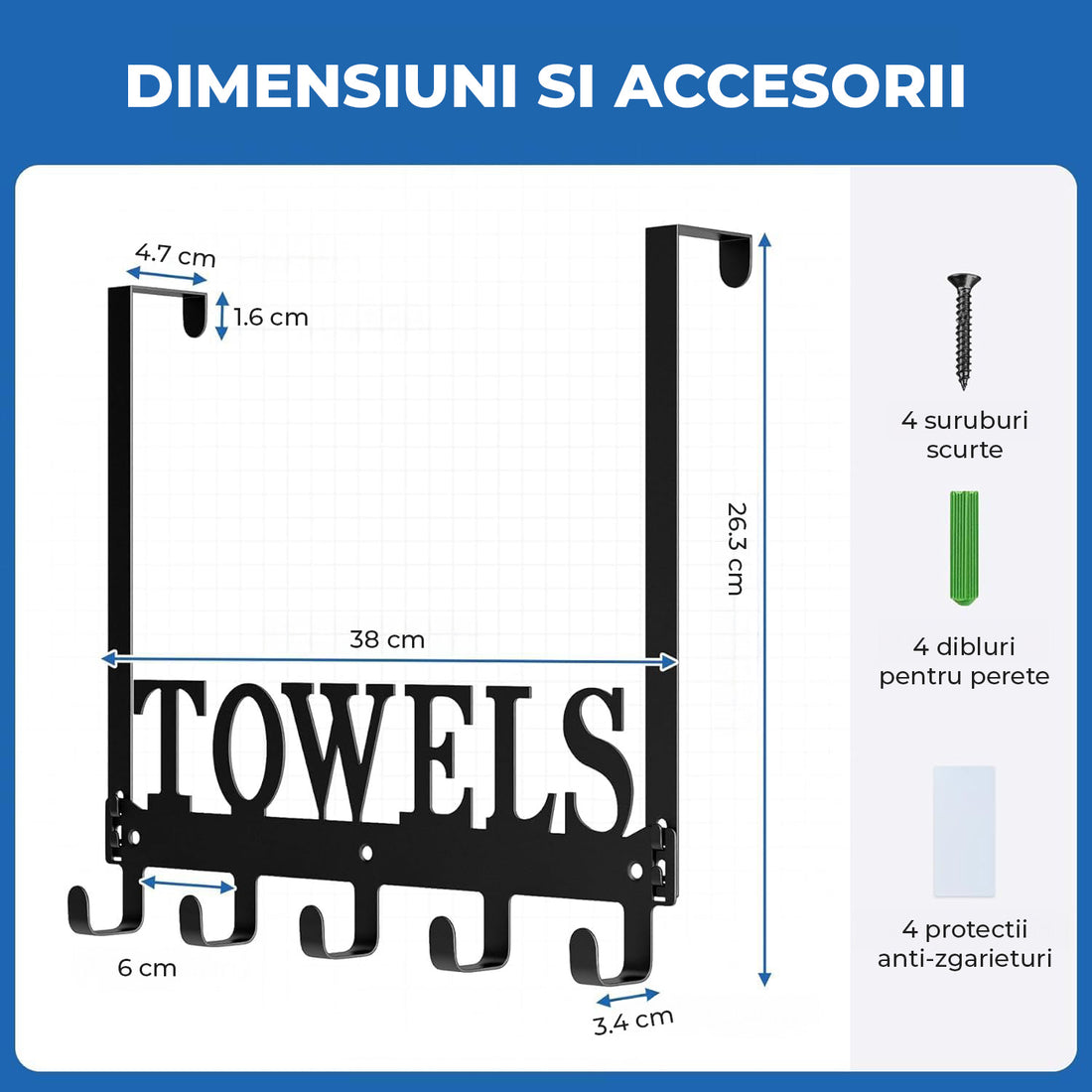 Suport Prosop Elindor® Polita cu Sistem de Agatare sau Prindere pe Perete, cu 5 Carlige, pentru Dus, Organizare in Bucatarie sau Organizator Baie, Accesorii, 38 x 26.3 x 4.5 cm, Negru