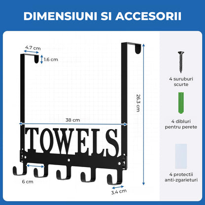 Suport Prosop Elindor® Polita cu Sistem de Agatare sau Prindere pe Perete, cu 5 Carlige, pentru Dus, Organizare in Bucatarie sau Organizator Baie, Accesorii, 38 x 26.3 x 4.5 cm, Negru