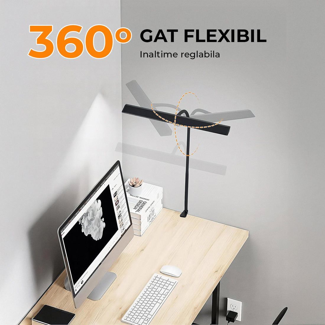 Lampa de Birou Elindor® Ultra-Wide, Neagra cu LED, Nivel de Luminozitate Reglabil de la 2700K pana la 6500K, Veioza cu Clema Metalica si Brat Reglabil, Protectie pentru Ochi, Inaltime Totala 66 cm, Latime 40 cm