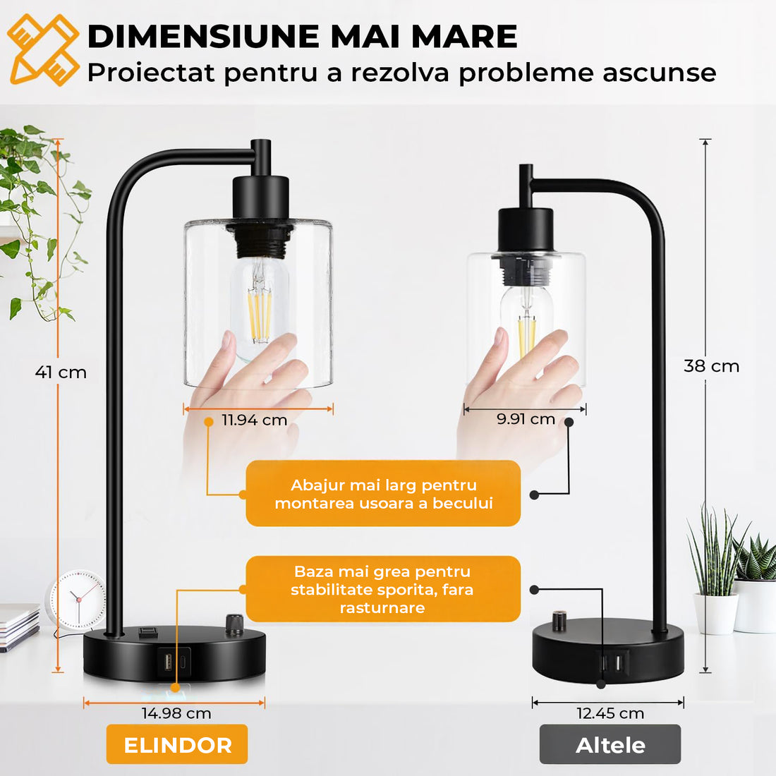 Set 2 Veioze de Noptiera Elindor® Veioza Aurie cu Intrerupator Rotativ de Reglare a Intensitatii, Lampa cu Baza Metalica si Abajur din Sticla, Lampa pentru Camera de Zi, pentru Dormitor, Sufragerie, Birou, 2 Porturi USB, Antialunecare, 20 x 15 x 41 cm
