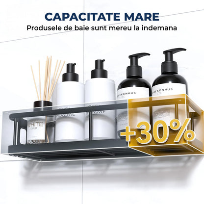 Set 2 Rafturi de Dus Elindor® Polita cu Adeziv, Etajera de Baie, Raft cu Carlige, din Metal, Suport Prosop si Sapun, Organizator Baie sau Etajere Depozitare in Bucatarie, Accesorii, 31.5 x 11 x 6.5 cm, Negru