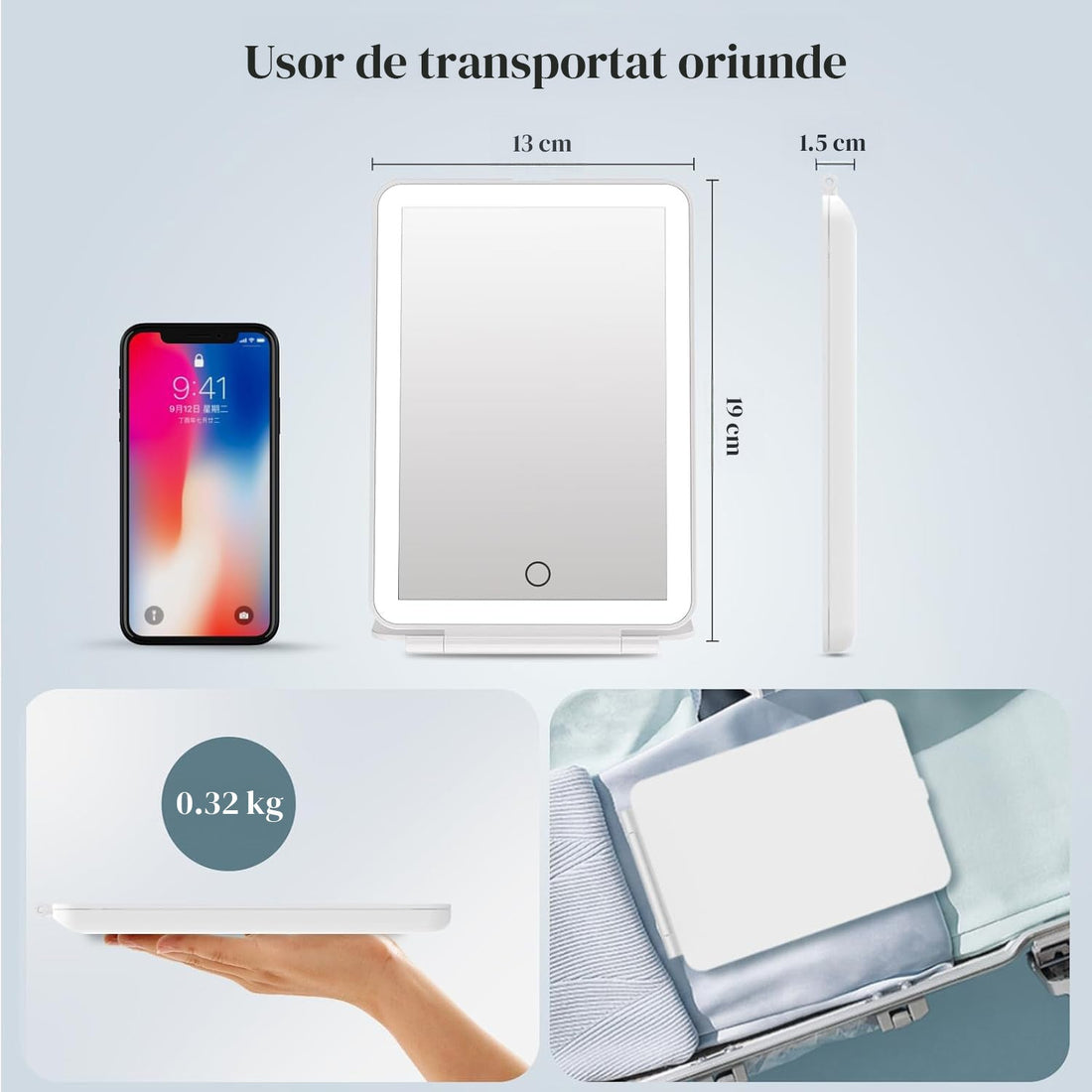 Oglinda Cosmetica Elindor® cu 72 LED-uri, Reglaj Tactil si Iluminare in 3 Culori pentru Machiaj, Incarcare USB, Alb