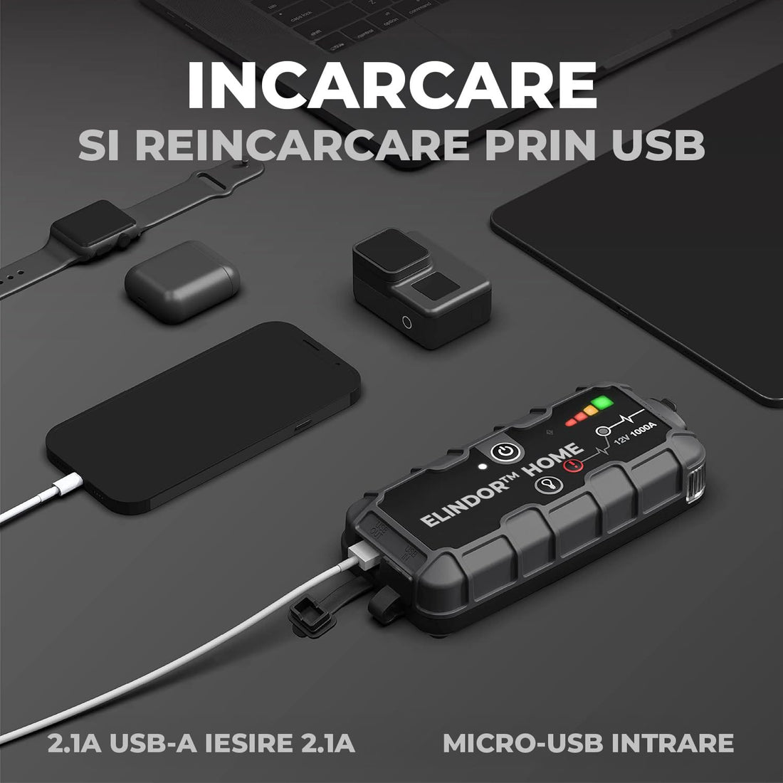 Starter Auto Elindor® 12V, 1000A, Multifuncțional, Portabil cu Lanternă, Negru