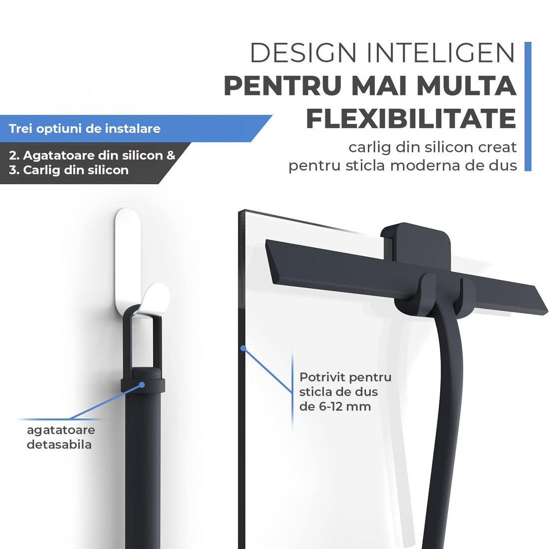 Racleta pentru Geamuri Elindor®, Stergator Ideal pentru Baie, Cabine de Dus, Parbriz, Spalator pentru Geam Interior si Exterior, Aparat de Curatat din Silicon, 22x28 cm, Negru