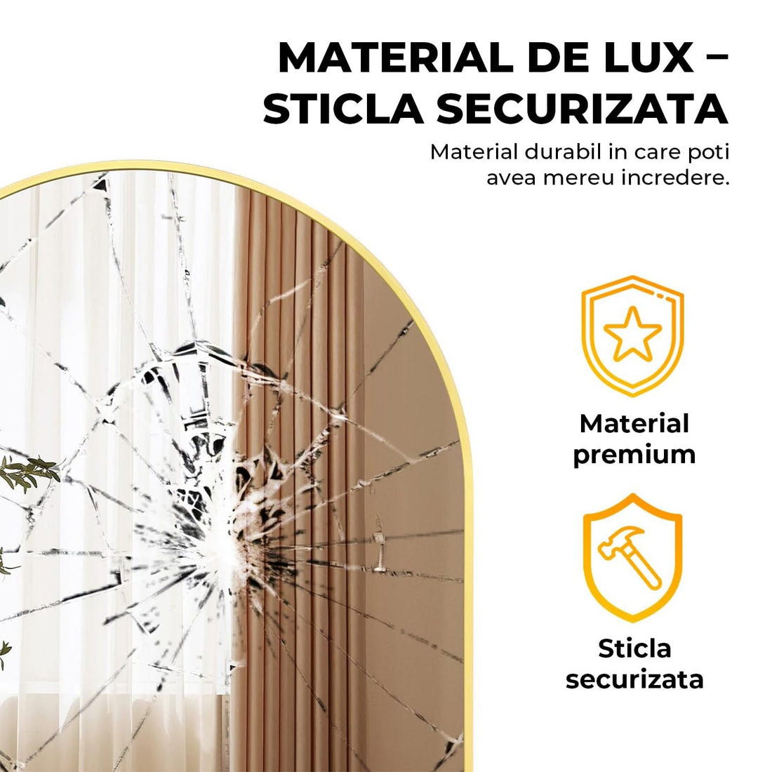 Oglinda de Perete Elindor® Arcuita 55x75 cm, Reflexie HD, Rama Aurie