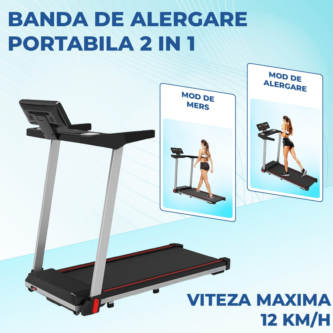 Banda de Alergare Elindor®, Compacta, Pliabila, Viteza Maxima 12km/h, Negru