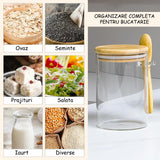 Set 4 Borcane din Sticlă Elindor® pentru Depozitare Alimente, Capace Bambus - 550ml