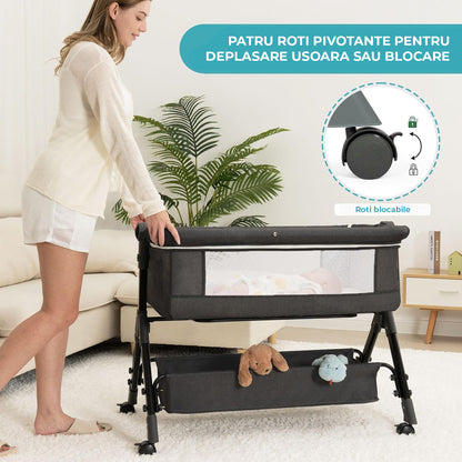 Patut Pliabil Bebelusi Elindor® 3-in-1, pentru Copii 0-36 luni, Leagan Bebe pe 2 Etaje, Cos Depozitare, 3 Trepte de Inaltime Reglabila, Plasa Laterala, Geanta Transport Calatorie, Roti cu Sistem Blocare, Saltea Integrata, Greutate Maxima 15 kg, Gri Inchis