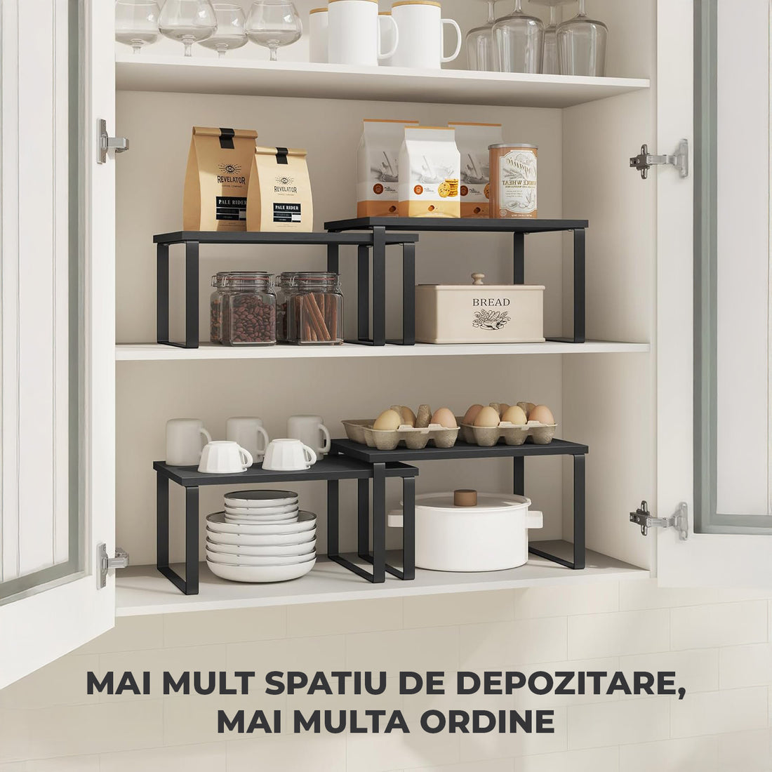 Set 2 Rafturi Elindor® din Bambus, Raft Extensibil si Suprapus pentru Bucatarie, Organizator Metalic Reglabil, Ideal ca Etajera Depozitare in Camara sau Birou, Perfect pentru Condimente, Vesela, Farfurii, Stabil si Compact, Polita pentru Obiecte, Negru