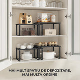 Set 2 Rafturi Elindor® din Bambus, Raft Extensibil si Suprapus pentru Bucatarie, Organizator Metalic Reglabil, Ideal ca Etajera Depozitare in Camara sau Birou, Perfect pentru Condimente, Vesela, Farfurii, Stabil si Compact, Polita pentru Obiecte, Negru