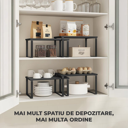 Set 2 Rafturi Elindor® din Bambus, Raft Extensibil si Suprapus pentru Bucatarie, Organizator Metalic Reglabil, Ideal ca Etajera Depozitare in Camara sau Birou, Perfect pentru Condimente, Vesela, Farfurii, Stabil si Compact, Polita pentru Obiecte, Negru