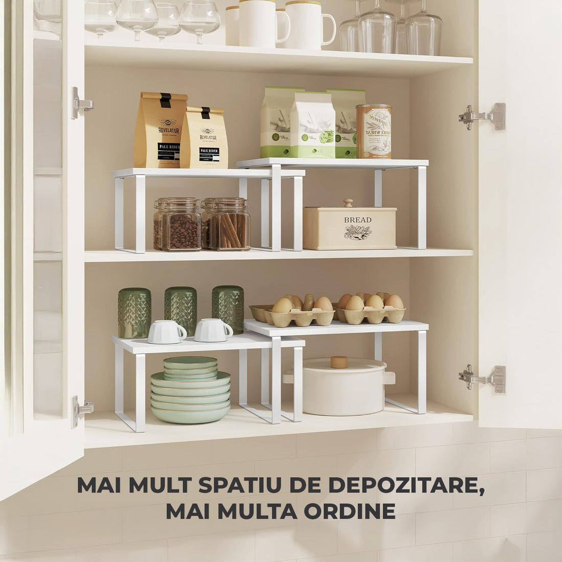 Set 2 Rafturi Elindor® din Bambus, Raft Extensibil si Suprapus pentru Bucatarie, Organizator Metalic Reglabil, Ideal ca Etajera Depozitare in Camara sau Birou, Perfect pentru Condimente, Vesela, Farfurii, Stabil si Compact, Polita pentru Obiecte Diverse,