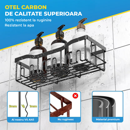 Set 5 Rafturi de Dus Elindor® Polita cu Adeziv, Etajera de Baie pentru Colt, Raft cu Carlige, din Otel Carbon, Suport Prosop si Sapun, Organizator Baie sau Etajere Depozitare in Bucatarie, Accesorii, 14 × 32.3 × 10.5 cm, Negru