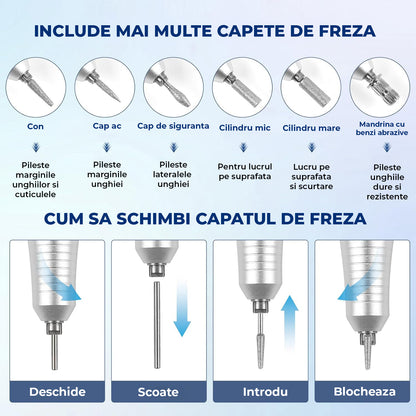 Freza Unghii Electrica Elindor® cu Suport Pila Electrica Reincarcabila, Set Complet de Ingrijire pentru Manichiura si Pedichiura Profesionala, Cuticule sau Calcaie, Ecran LCD, 45000 RPM, Viteza Reglaj Continuu, 6 Capete Detasabile, 6 Benzi Abrazive, Alb