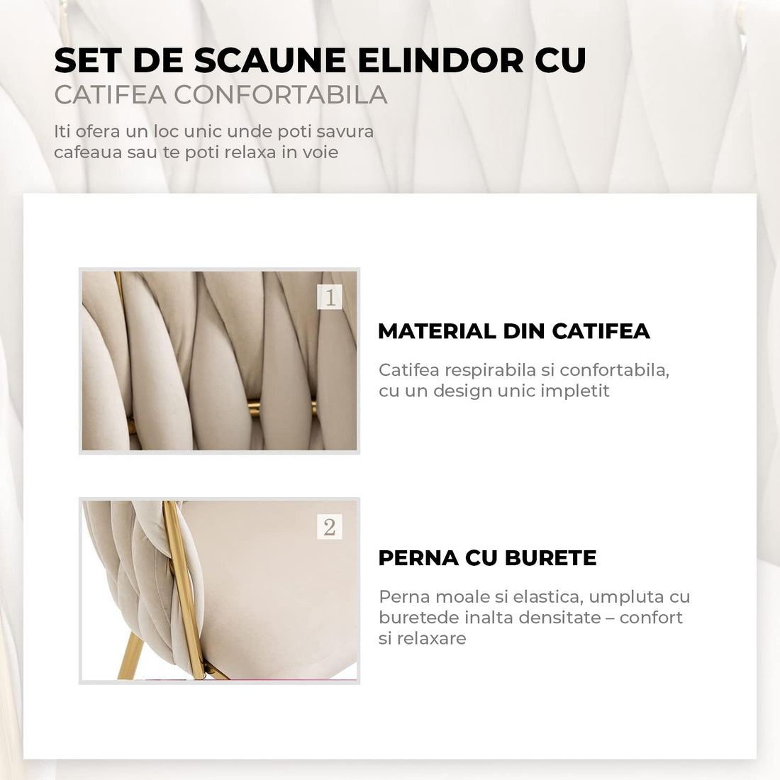Set 2 Scaune Elindor® Ergonomice, Tip Scoica, Design Contemporan, Scaun cu Spatar si cu Manere, din Catifea cu Picioare Metalice Aurii, Potrivite pentru Living, Bucatarie, Birou, Dormitor, Bej