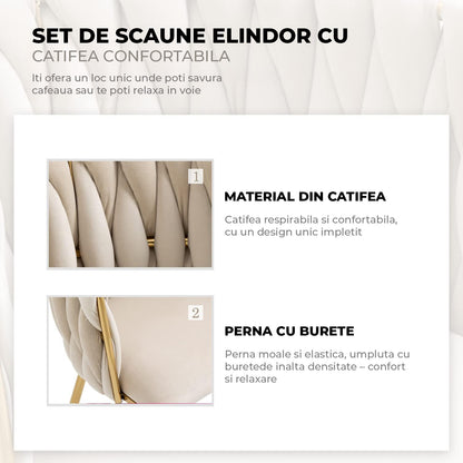 Set 2 Scaune Elindor® Ergonomice, Tip Scoica, Design Contemporan, Scaun cu Spatar si cu Manere, din Catifea cu Picioare Metalice Aurii, Potrivite pentru Living, Bucatarie, Birou, Dormitor, Bej