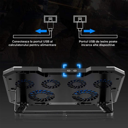 Cooler Laptop Gaming RGB Elindor® Suport cu Unghi Reglabil 7.5-17.5 cm, Dimensiuni Compatabile 15.6-17.3 Inch, 6 Ventilatoare Puternice si Silentioase 20dB cu 6x Viteza Ajustabila, 2 Porturi USB, pentru Birou, Calatorii, 41 x 27 x 3.4 cm, Negru