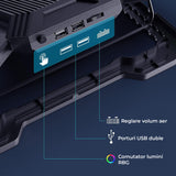Cooler Laptop Gaming RGB Elindor® Suport cu Unghi Reglabil, Suport pentru Telefon, Dimensiuni Compatabile 12-17 Inch, 6 Ventilatoare Puternice si Silentioase 20dB, Viteza Ajustabila, 2 Porturi USB, pentru Birou, Calatorii, 40 x 27 x 3.6 cm, Negru