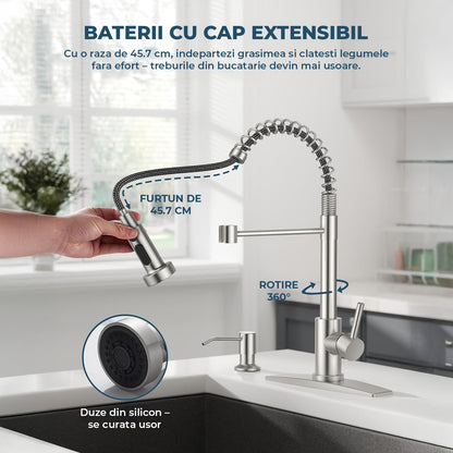 Baterie Chiuveta Bucatarie Argintie Elindor® Robinet de Apa Modern, cu Suport Incastrat pentru Sapun, Jet Reglabil, Cap Dus Extractabil cu Trei Functii, Monocomanda, pentru Bucatarie, Otel Inoxidabil, Finisaj Mat