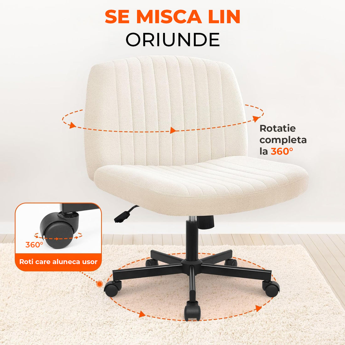 Scaun Birou Ergonomic Elindor® Rotativ 360°, fara Manere, cu Spatar Design Compact, Confortabil, Scaune in Stil Modern cu Roti, Picioare Metalice, Reglaj Balansare, Inaltime Ajustabila, 56 × 67 × 92 cm, Bej