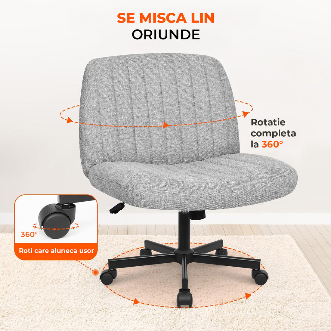 Scaun Birou Ergonomic Elindor® Rotativ 360°, fara Manere, cu Spatar Design Compact, Confortabil, Scaune in Stil Modern cu Roti, Picioare Metalice, Reglaj Balansare, Inaltime Ajustabila, 56 × 67 × 92 cm, Gri