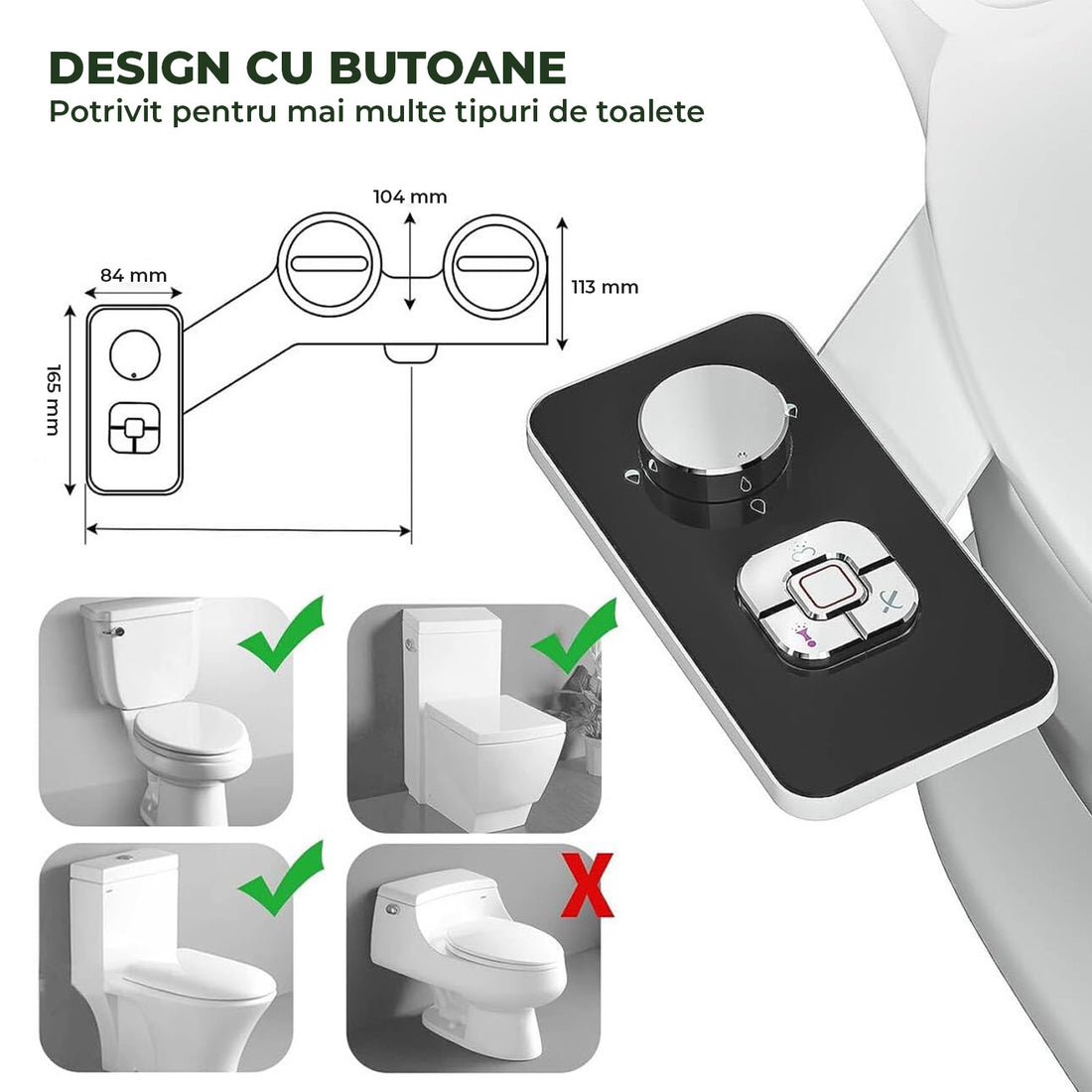 Bideu Retractabil Elindor® pentru Toaleta cu Functie de Auto Curatare, Non Electric, Ultra Slim, Buton Control de Presiune, pentru Igiena Personala, Apa Rece, Kit Accesorii WC, Sistem Bidet pentru Colac si Capac de Toalete, Set pentru Baie, Negru